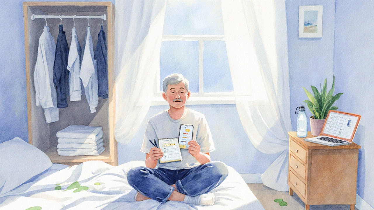 A smiling person in a minimal bedroom logs happiness in a journal, surrounded by a few simple items.