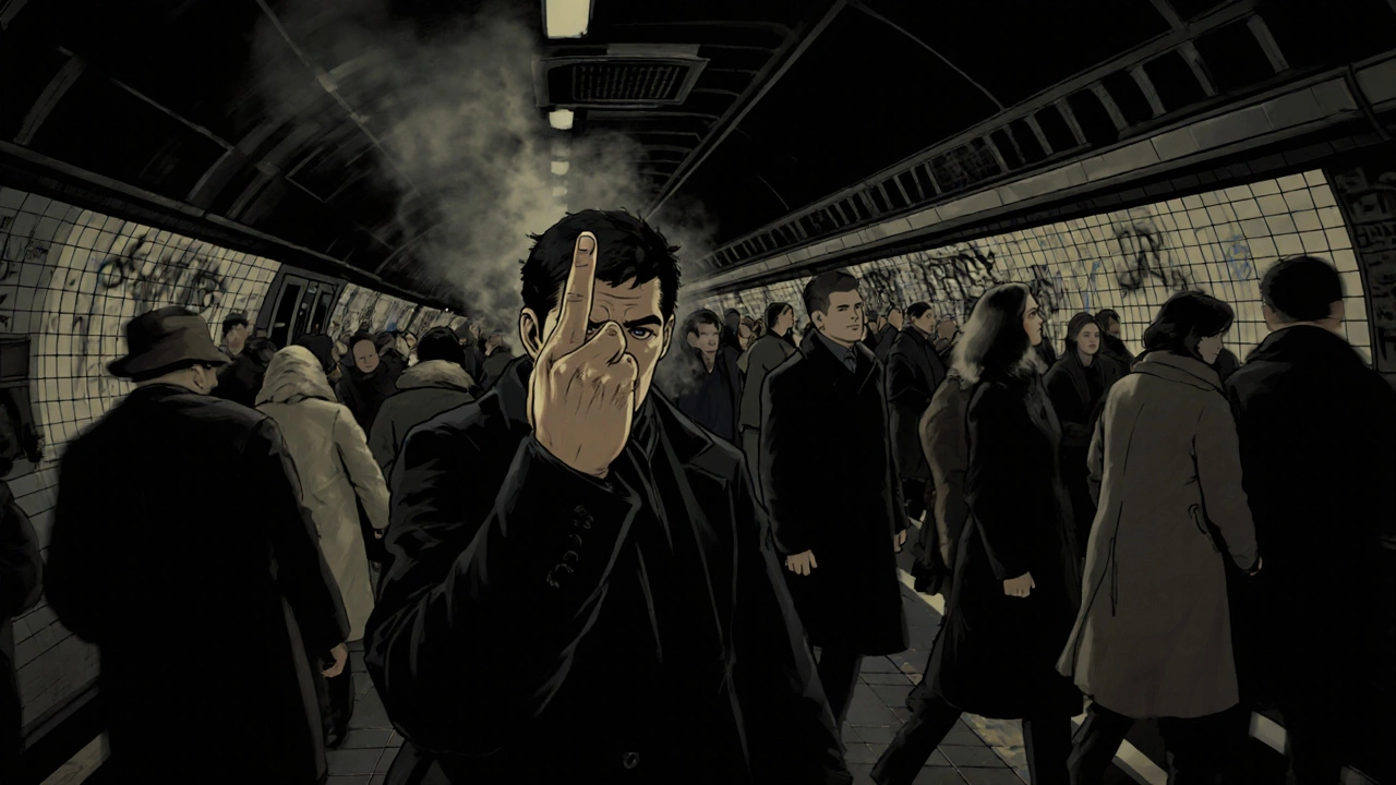 A tense scene on a crowded underground platform with a person flashing the middle finger.