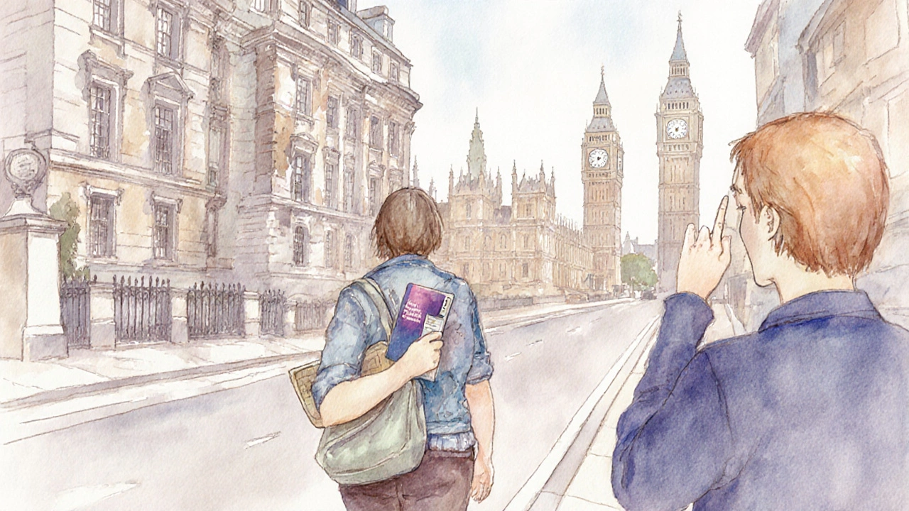 A visitor calmly walks past a London street, hands relaxed, ignoring a rude gesture.