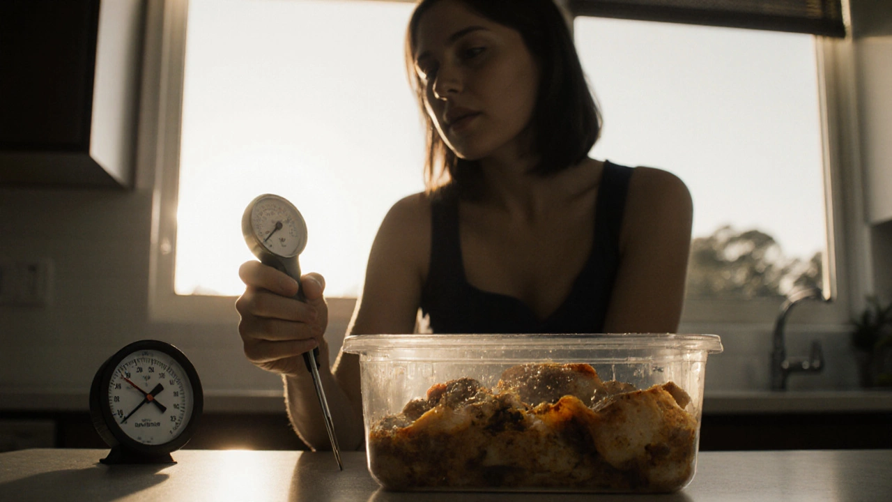 A woman checking leftover chicken with a thermometer, container left out overnight under morning light.