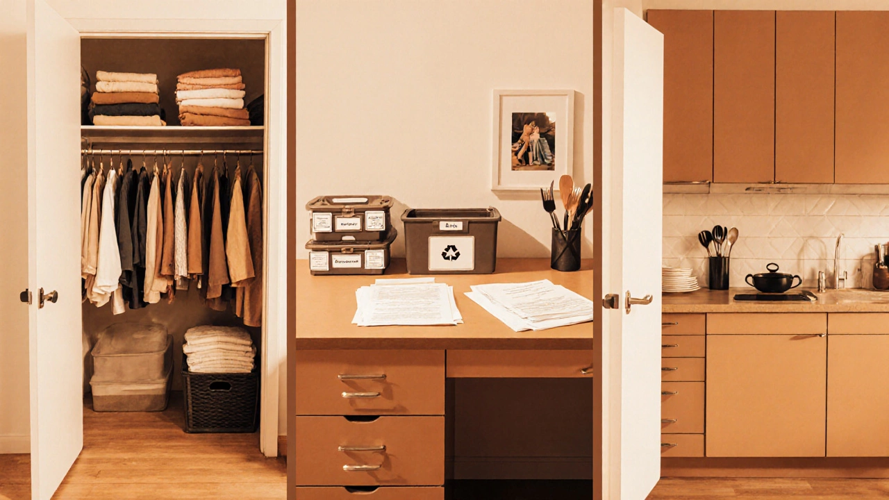 Before‑after style scene showing an organized closet, tidy kitchen and sorted paperwork.