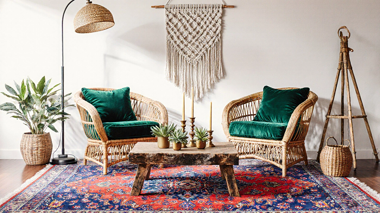 Bohemian living room featuring a macramé wall hanging, Persian rug, rattan furniture, and vibrant jewel‑tone textiles.