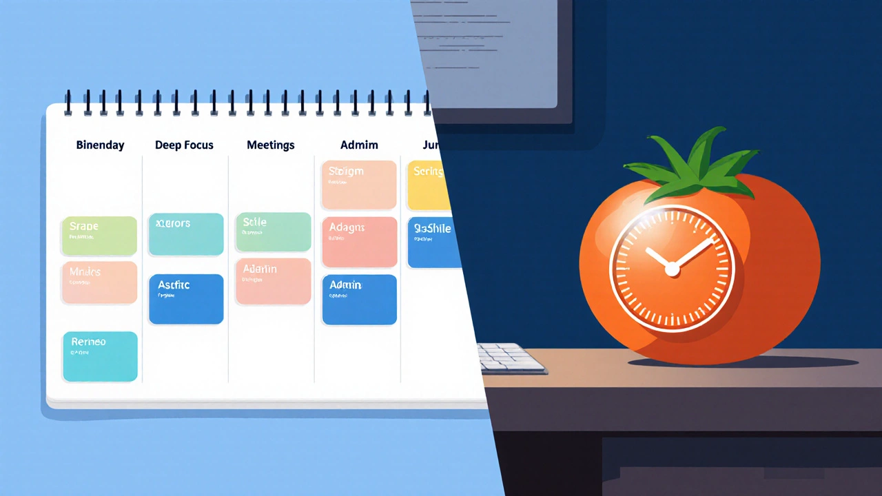 Calendar with colored blocks beside a stylized Pomodoro timer.