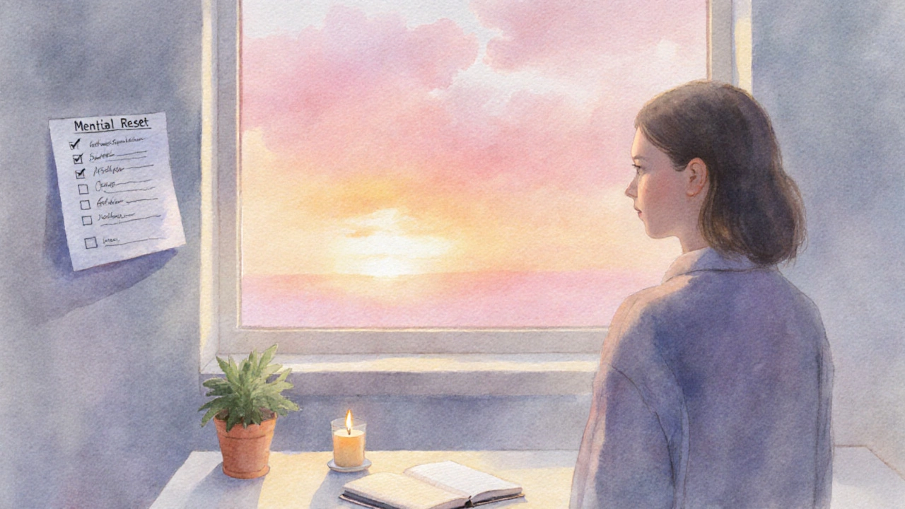 Calm individual after reset, bathed in sunrise light, with notebook and soothing desk.