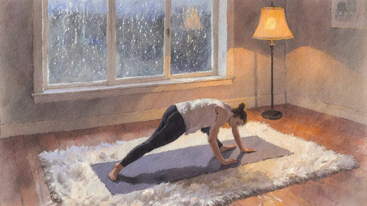 Calm indoor yoga session on a mat, lamp light, rain outside.