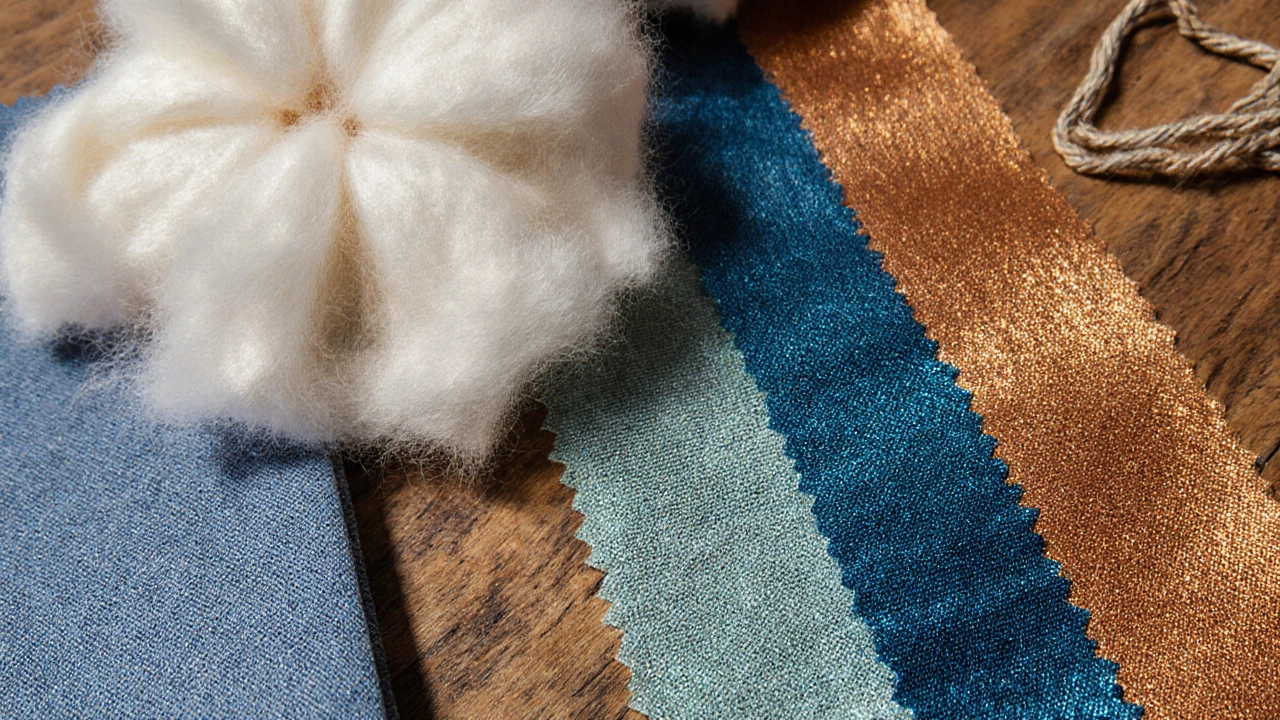 Close‑up of sustainable fabric swatches: organic cotton, recycled polyester, zero‑waste cut.