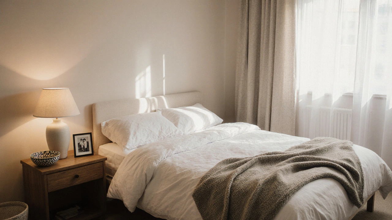 Cozy bedroom corner with white linens, ceramic lamp, vintage photo, and linen curtains filtering morning light.