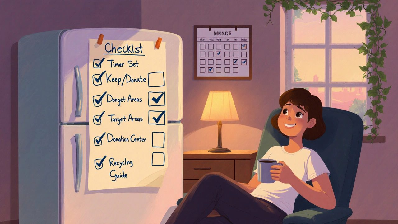 Cozy home office with a checked checklist, timer, and smiling person celebrating decluttering.