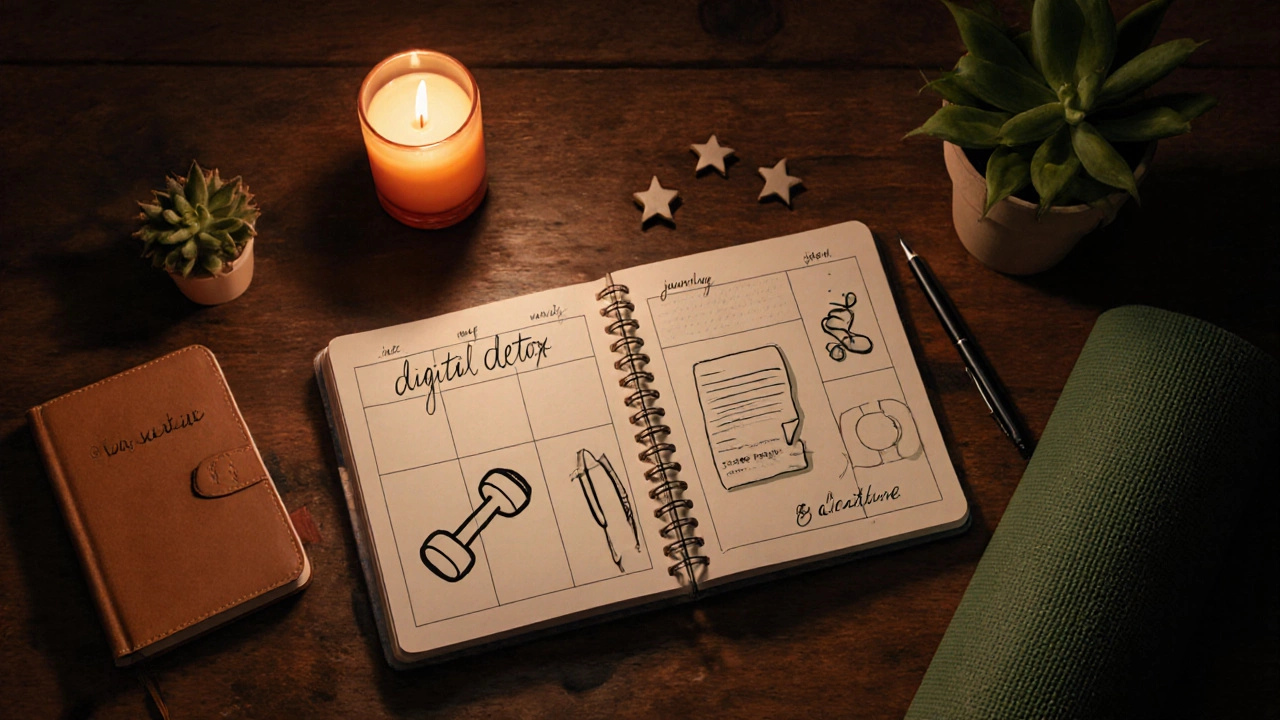 Cozy table scene with planner, journal, exercise gear, and candle suggesting a reset routine.