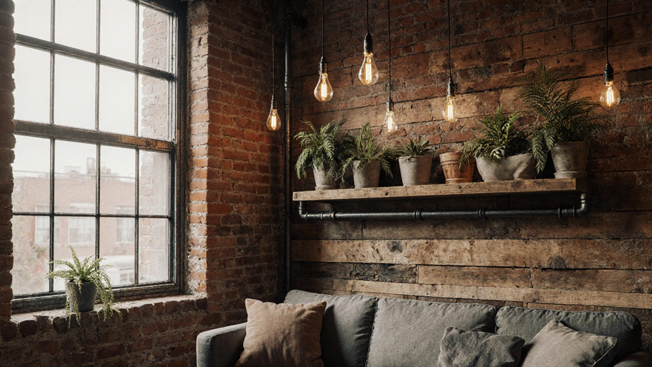 Eco‑Industrial loft blending exposed brick, reclaimed wood, metal shelving, and sustainable green accents.