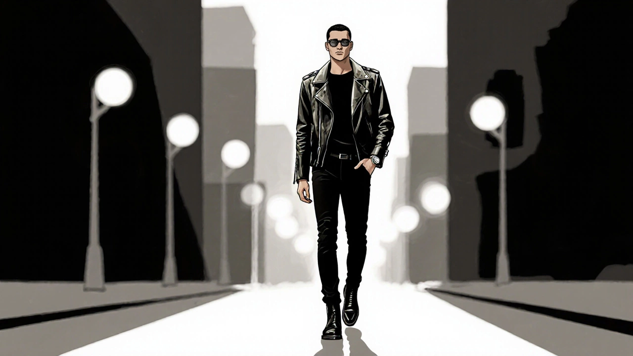Figure walks in an urban setting wearing a leather jacket, slim trousers, and boots, exuding an edgy, tailored look.