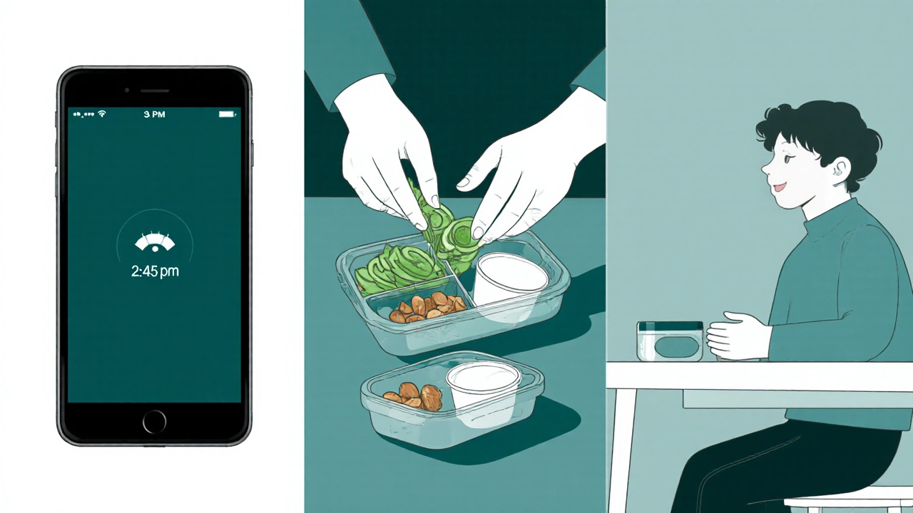 Flat‑design three‑step routine: phone reminder, snack prep, mindful eating.