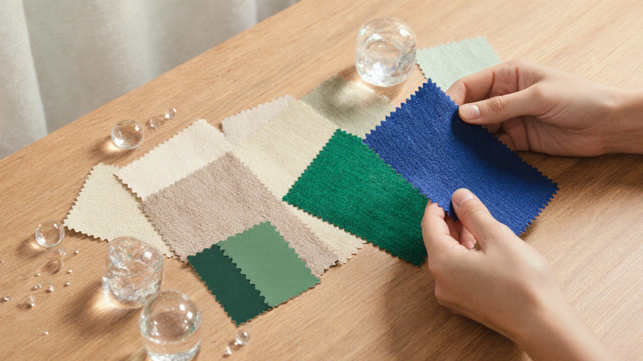 Flat‑lay of fabric swatches and a hand holding a piece up to a face, showcasing a soft‑neutral to jewel‑tone palette.