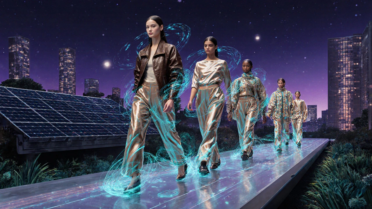 Futuristic runway with bio‑leather outfits and holographic sustainability data.