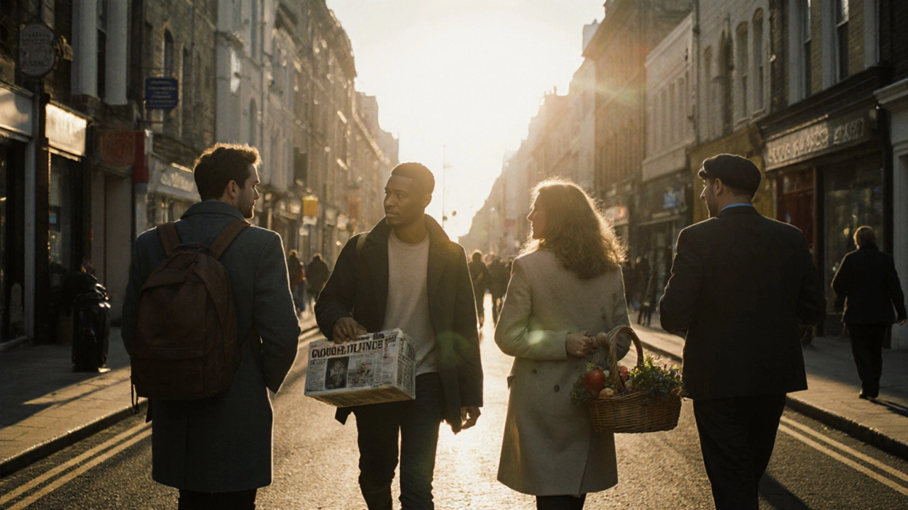 Group of diverse Britons walking together at sunrise, exchanging friendly nods.