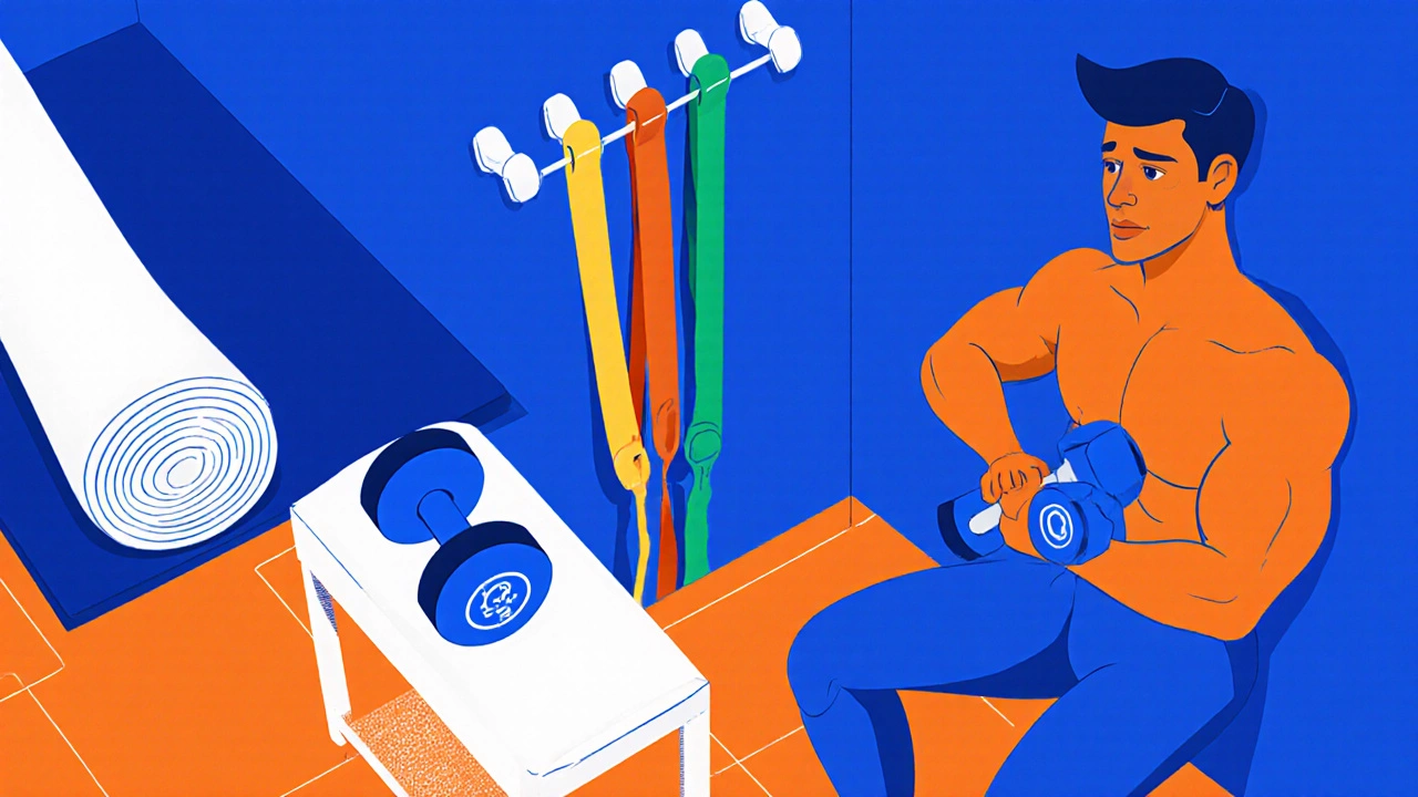 Home workout corner with dumbbells, resistance bands, and a person doing a squat.