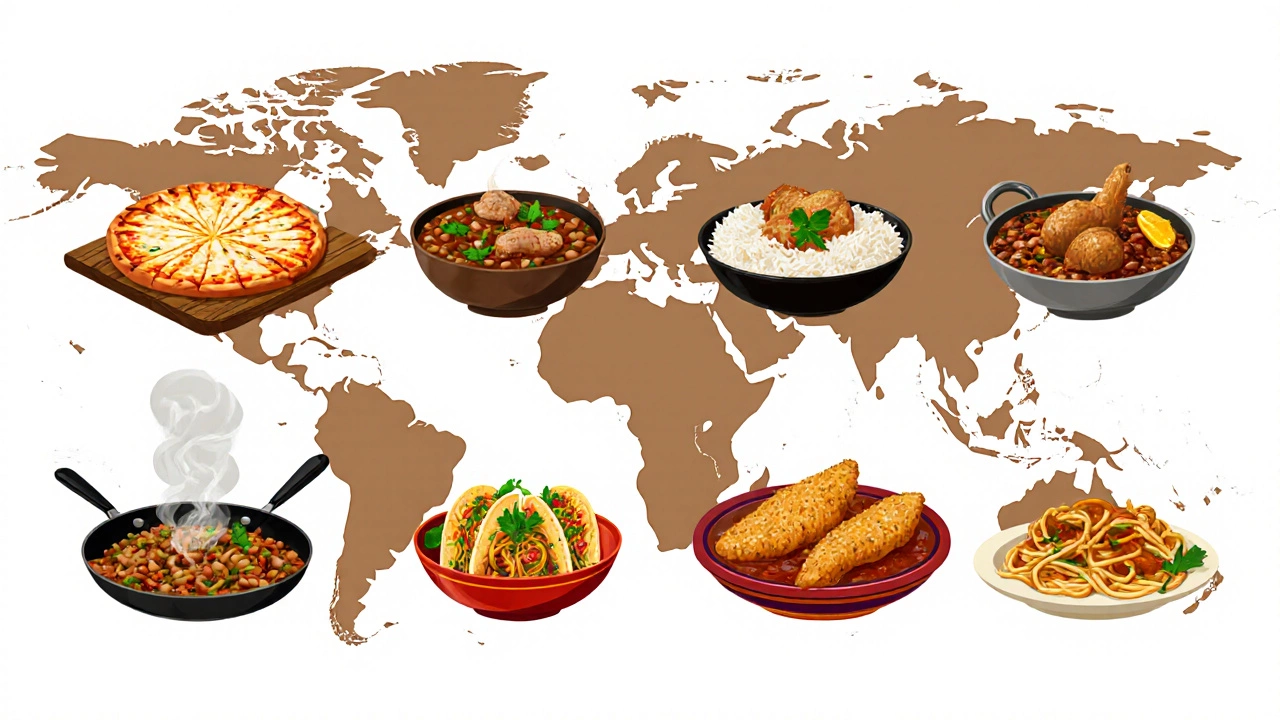 Illustrated montage of pizza, rice and beans, chicken and rice, noodles, tacos, curry, fried chicken, and pasta surrounding a world map silhouette.