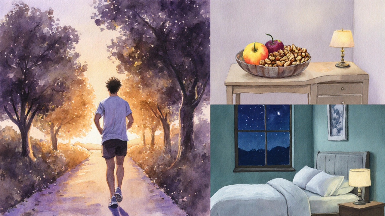Individual walking at sunset, then a cozy bedroom scene for sleep.