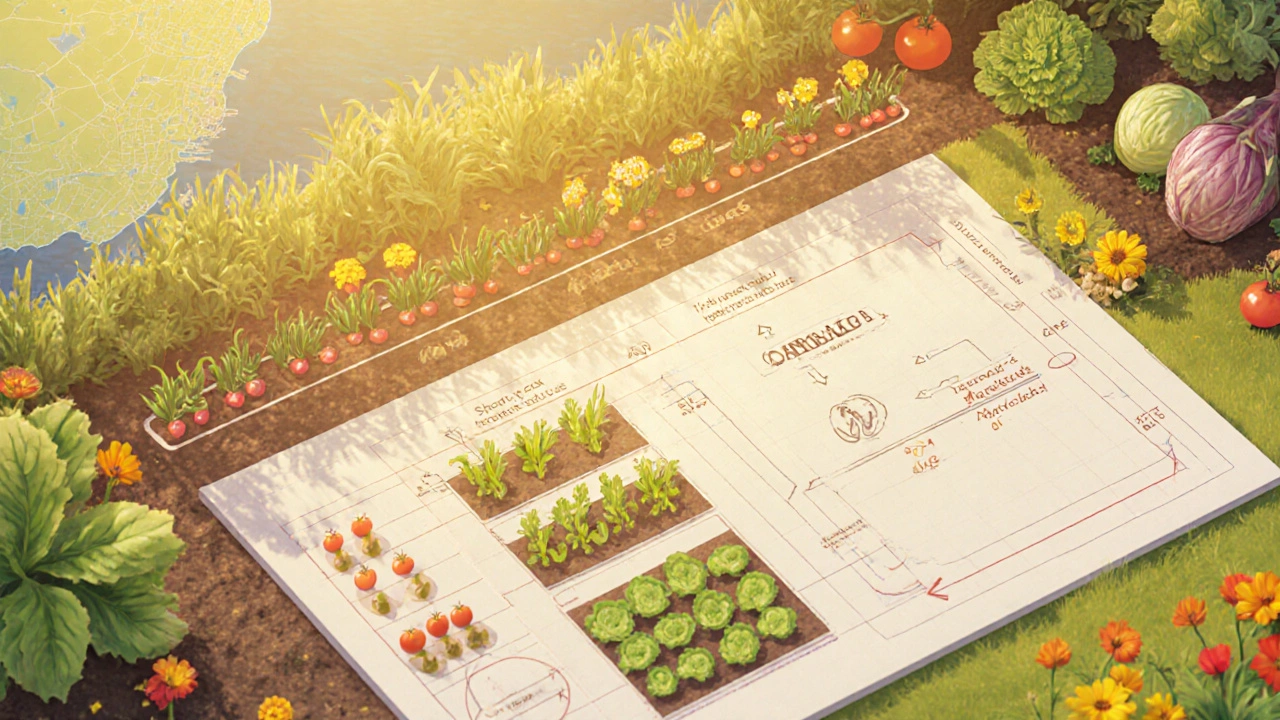 Isometric garden plan with plant icons, sun path, and wind direction for a Sydney garden.
