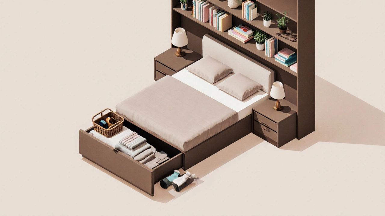 Isometric view of an ottoman with hidden storage and a bed with built‑in drawers.