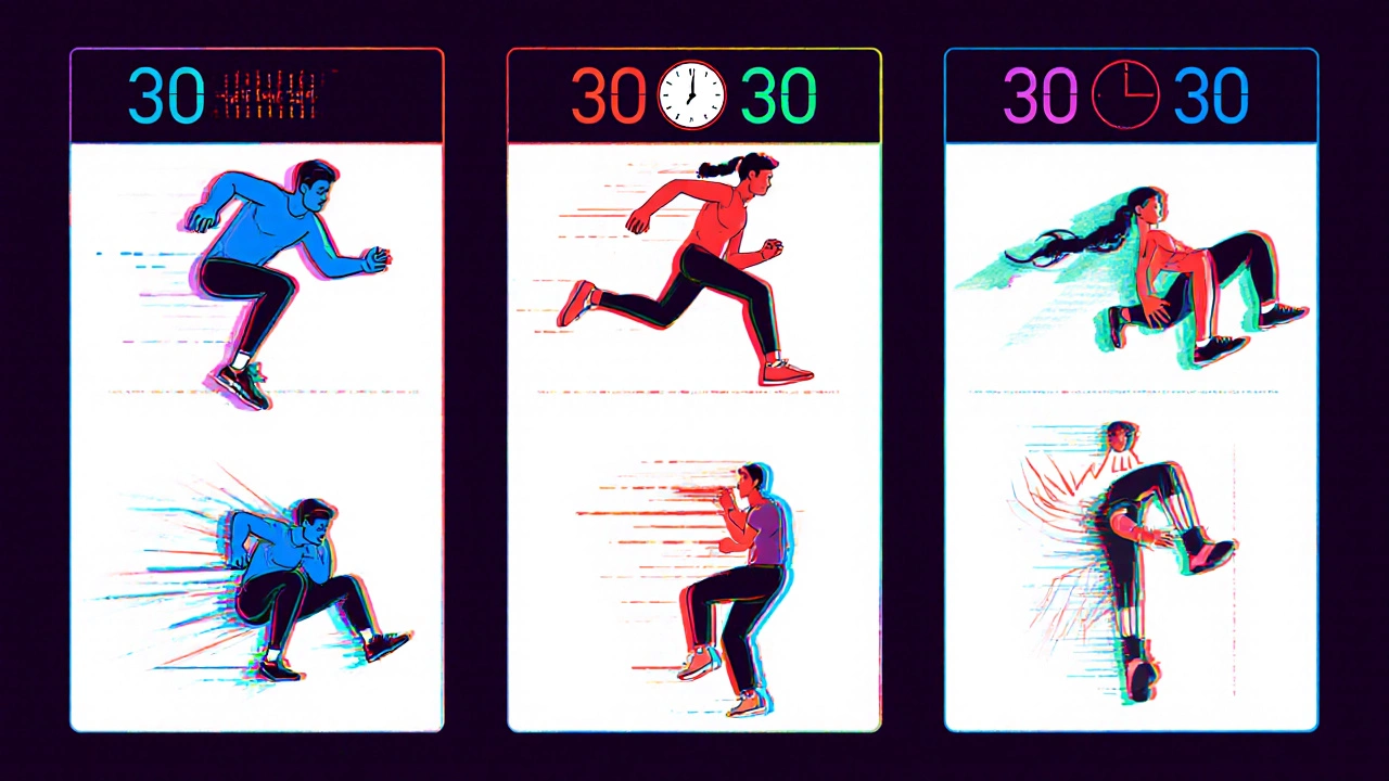 Montage of six interval exercises with a timer overlay indicating work and rest periods.