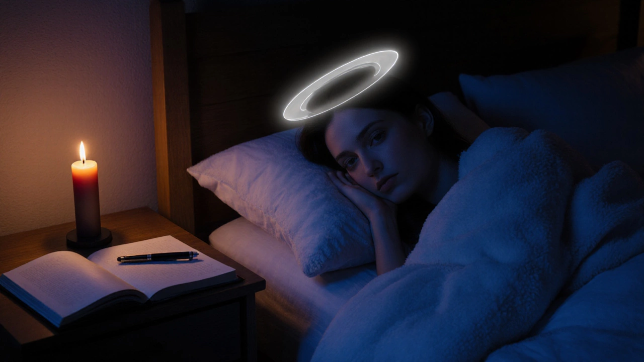 Nighttime bedroom scene with someone doing a body scan before sleep, journal nearby.