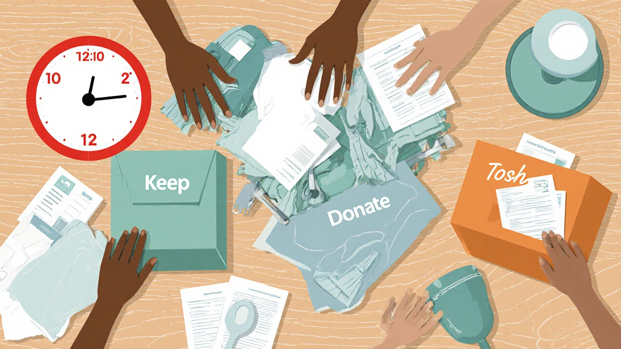 Overhead view of hands placing items into three colored piles while a timer counts down.