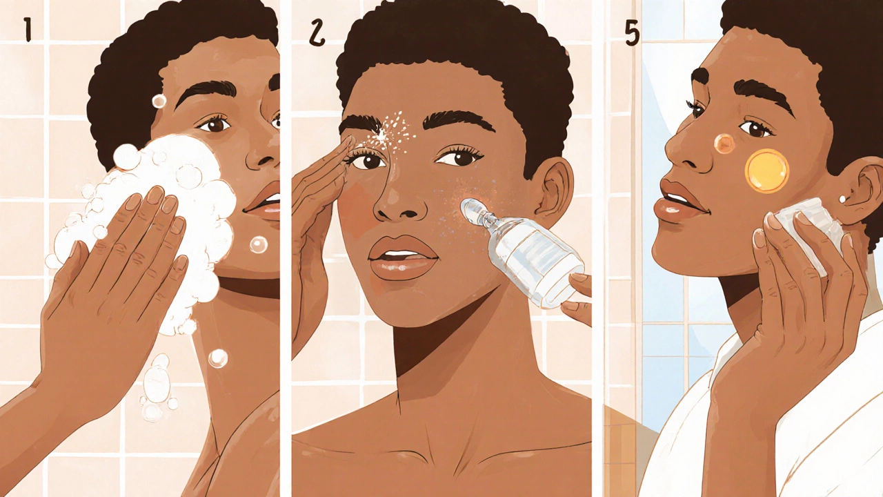 Person applying cleanser, toner, serum, moisturizer, and sunscreen in a bright bathroom.