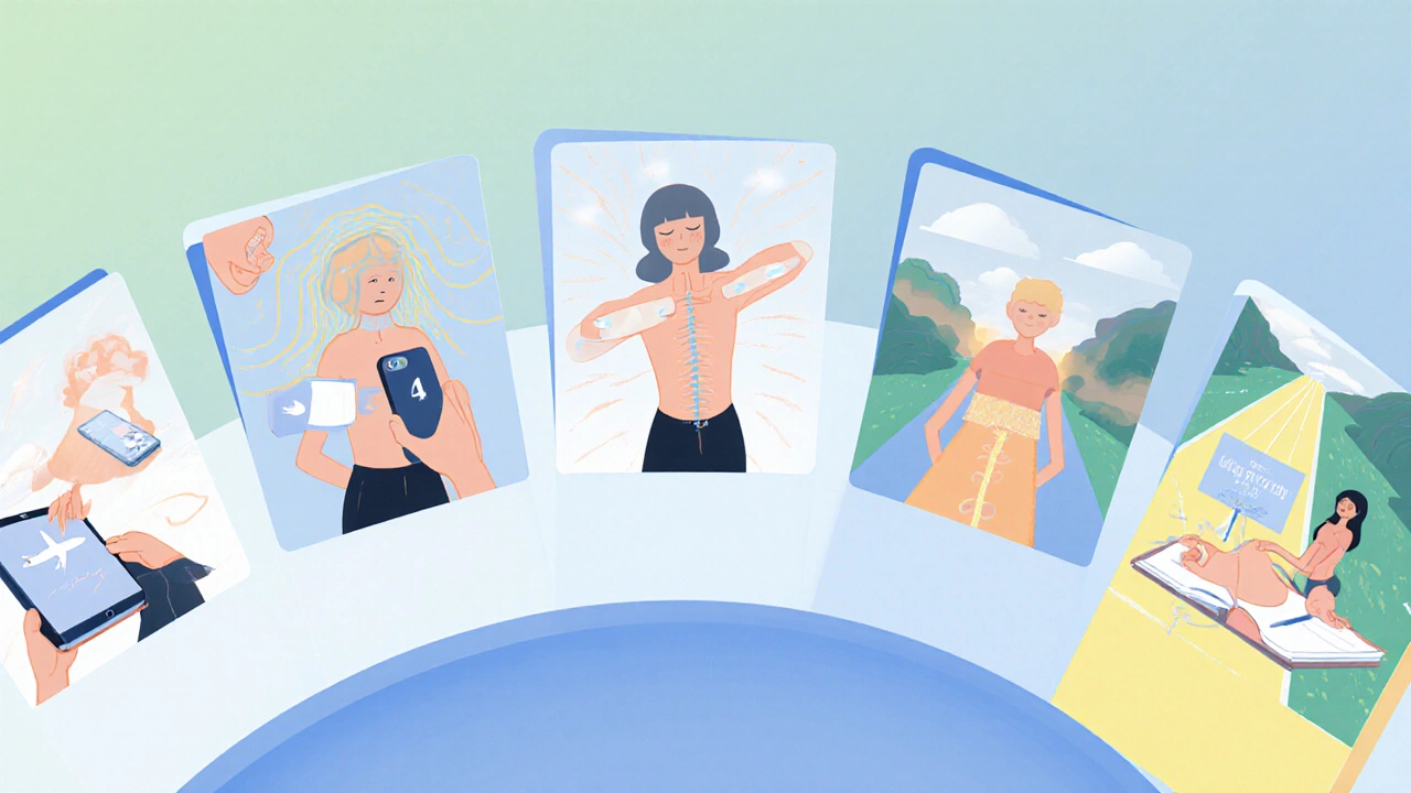 Person following a 15‑minute mental reset: turning off devices, breathing, stretching, mindfulness, journaling.