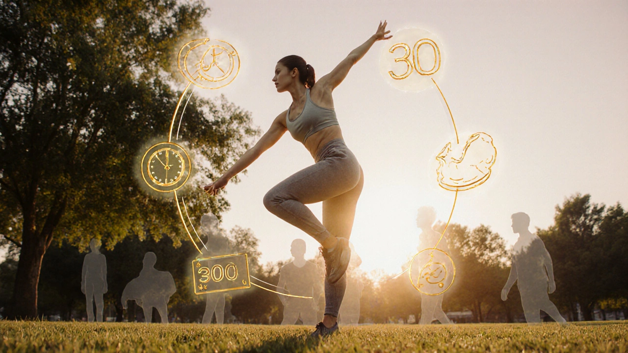 Person stretching after a workout with a glowing aura and floating calorie symbols.