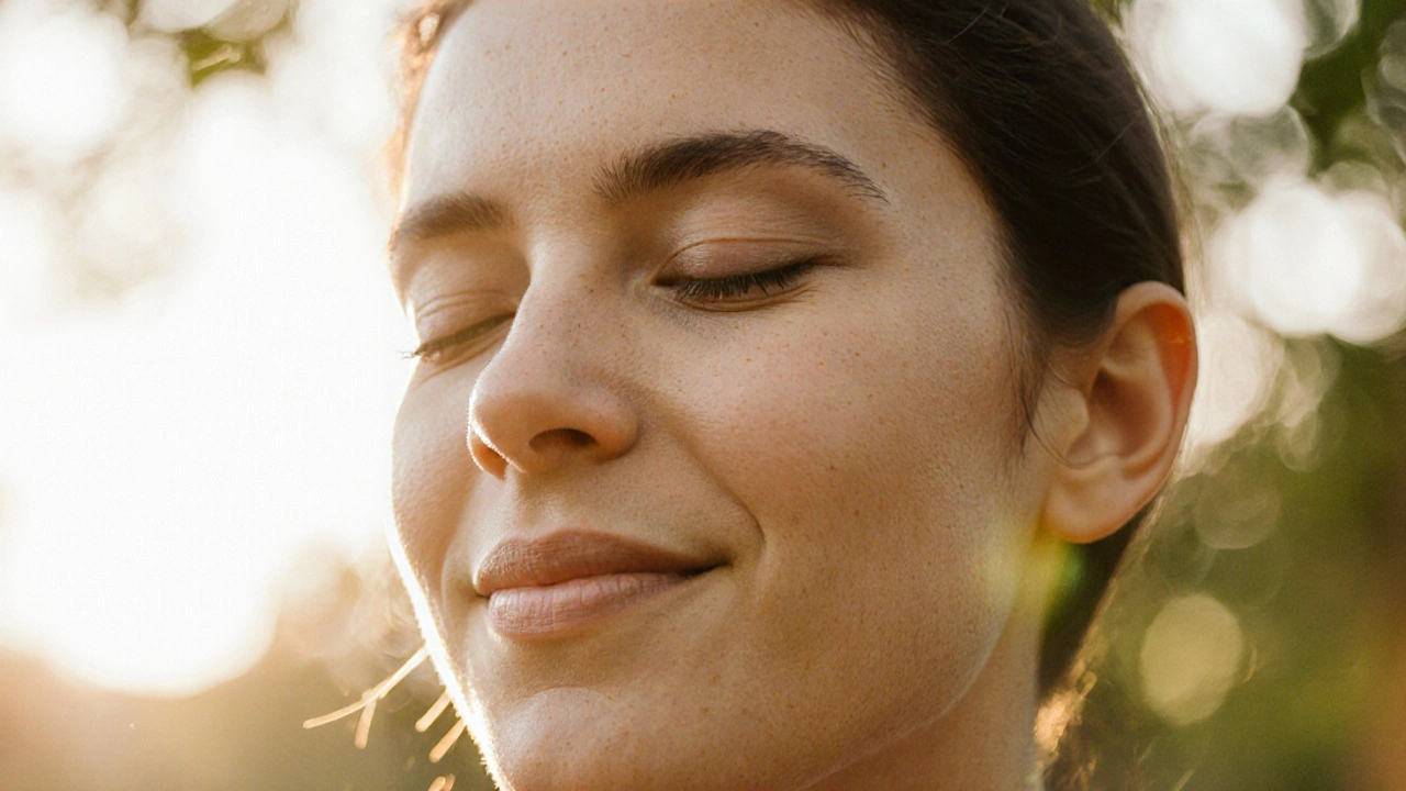 Portrait of radiant skin glowing in golden hour sunlight outdoors.