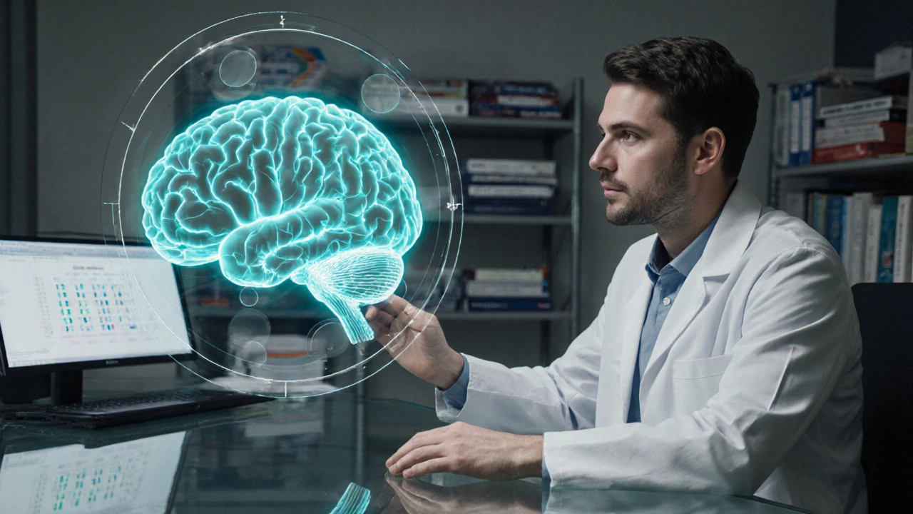 Researcher examining a holographic brain showing white‑matter tracts in a neuroscience lab.