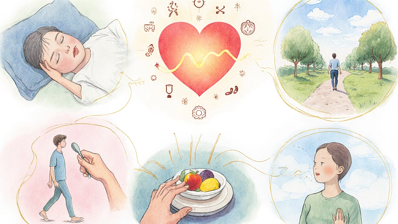 Series of seven small watercolor scenes showing different mindfulness practices.