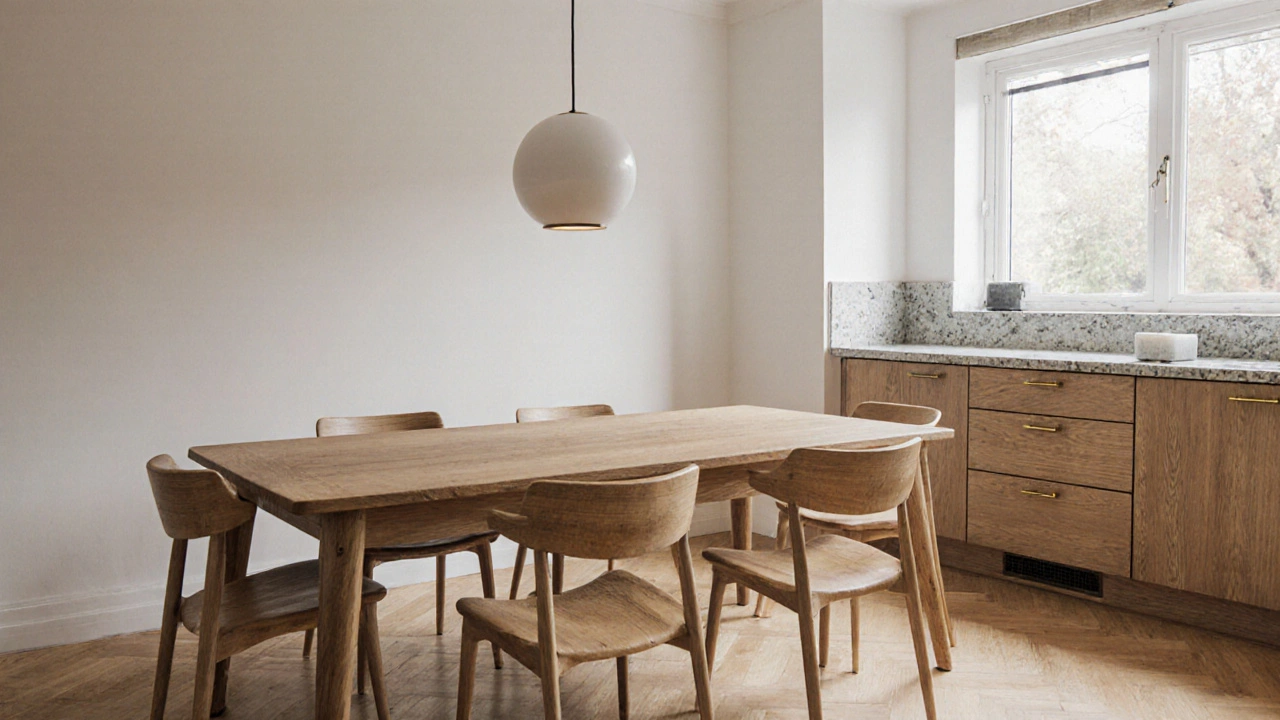 Solid oak dining table with tapered chairs and a spherical pendant light, natural stone countertops in background.