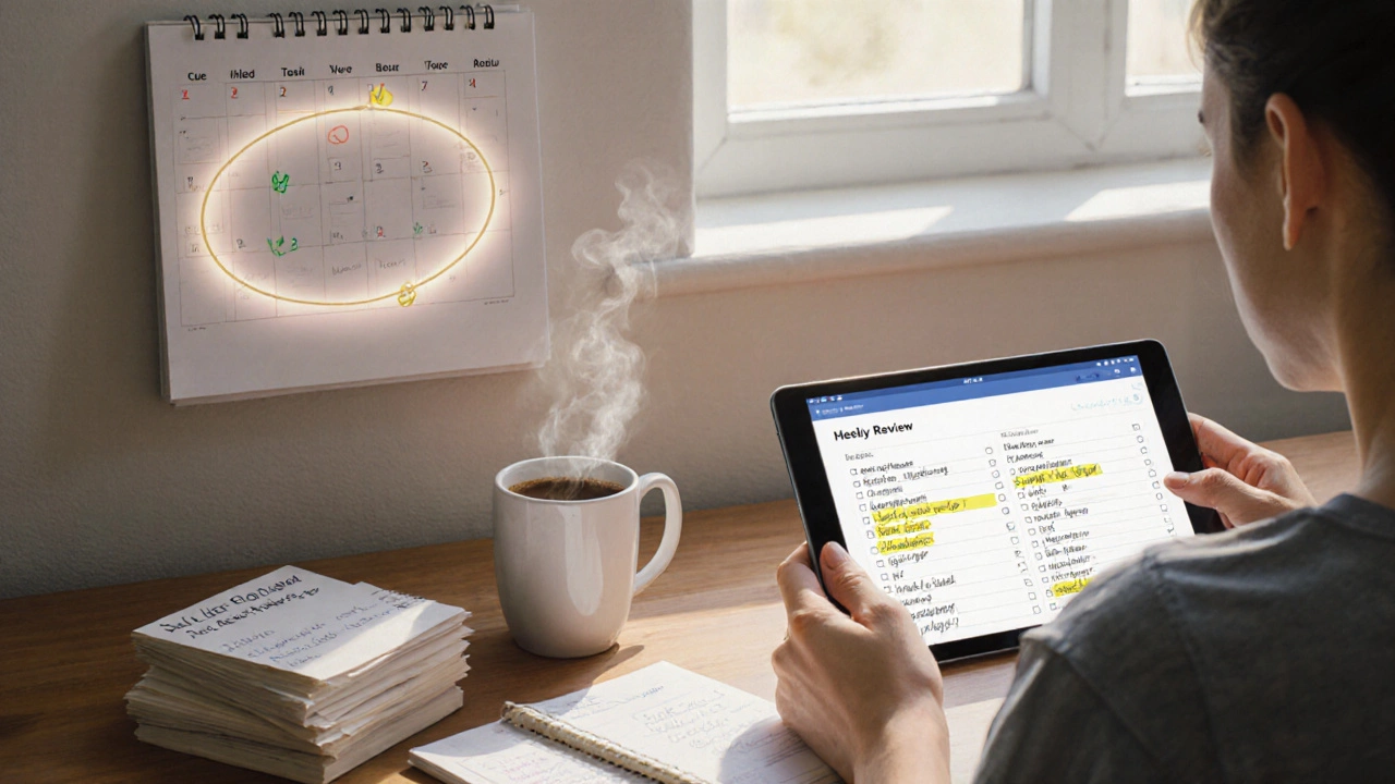Someone reviewing notes over coffee, with calendar and habit‑loop diagram in background.