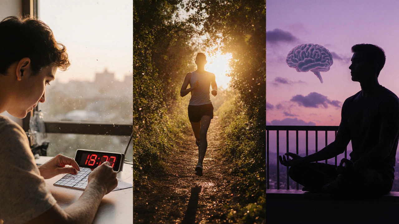 Split image of timed puzzle, jogging, and meditation representing habits for faster, smarter thinking.