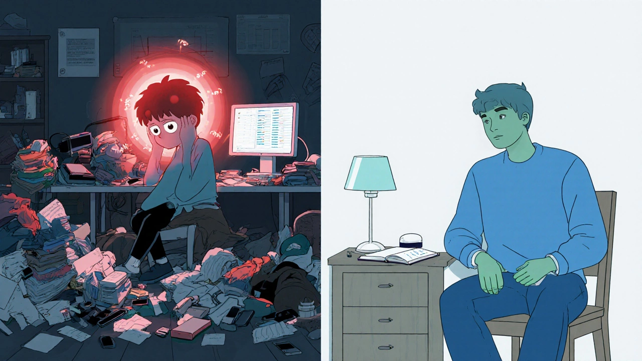 Split view shows a cluttered desk stressing a person and a clean desk calming another, with stress indicators.