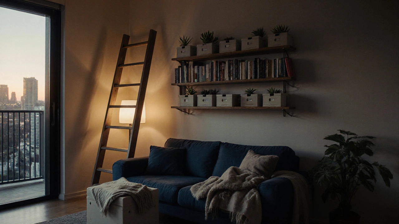 Sunset studio apartment showing vertical ladder shelves and a couch with hidden storage.
