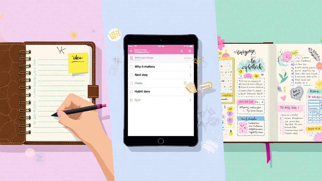 Three panels showing handwritten notebook, digital note app, and bullet journal with icons.