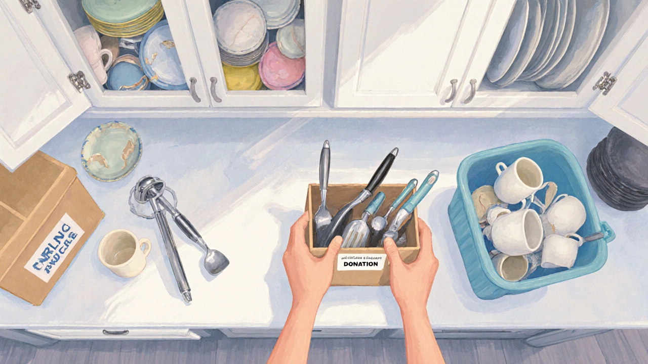 Top‑down view of a kitchen cabinet cleared of duplicate gadgets and broken dishes.