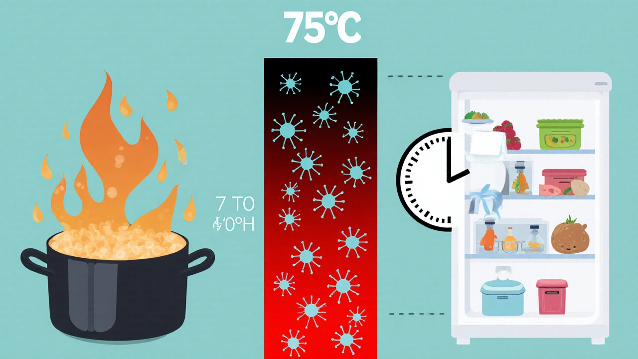 Vertical temperature gradient illustrating the food danger zone with bacteria multiplying between 5°C and 60°C.