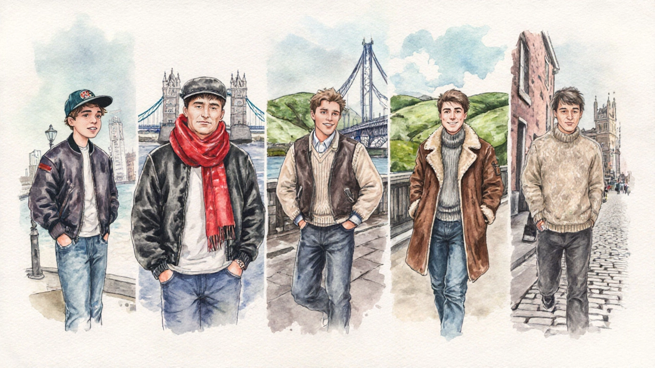 Watercolor collage of five people from different UK regions greeting the morning in their locales.