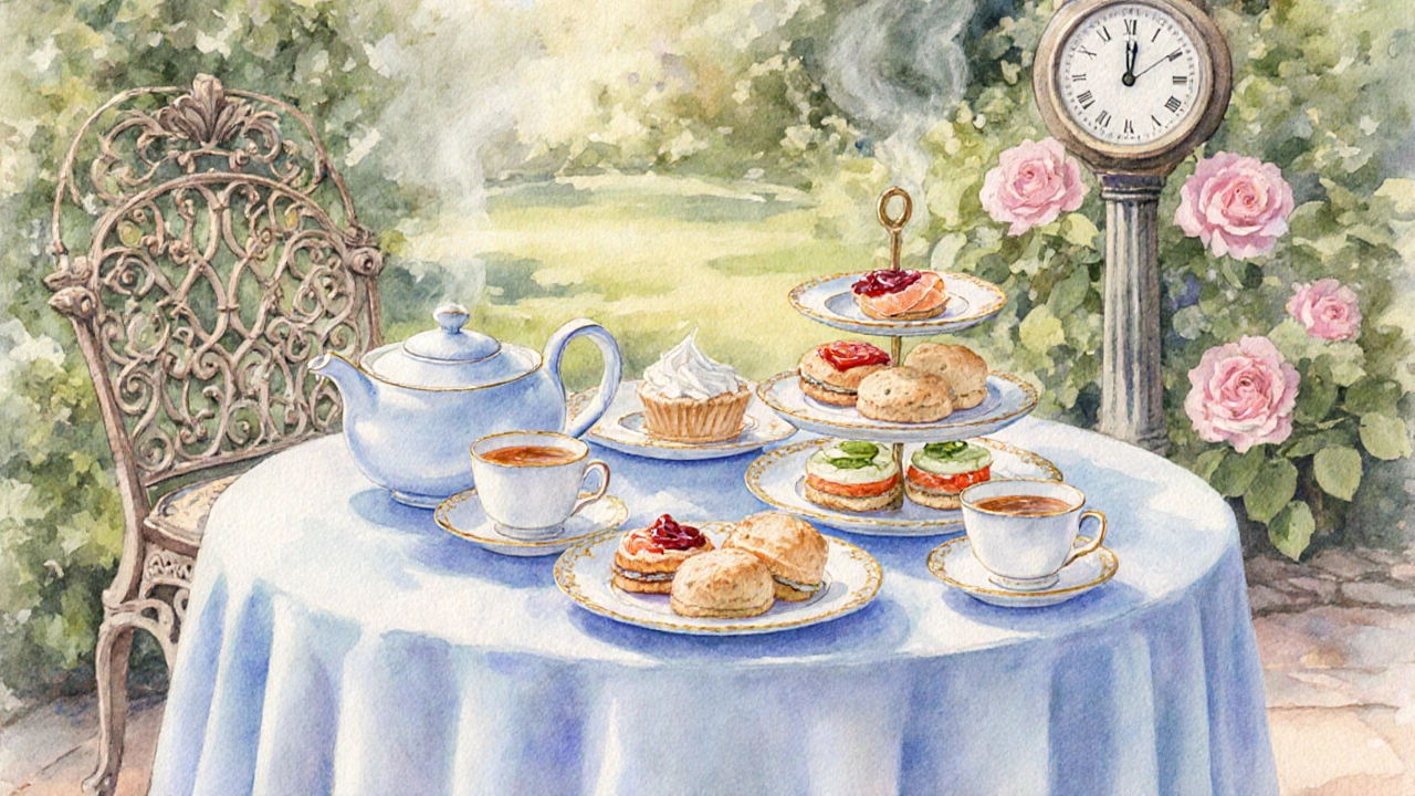 Watercolor garden scene of British afternoon tea with scones, sandwiches and pastries.