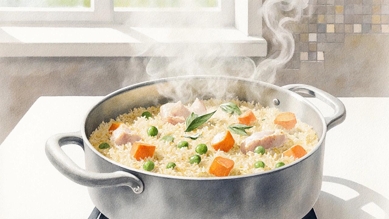 Watercolor of a single pot filled with rice, chicken, vegetables, and herbs, steam rising in a cozy kitchen.
