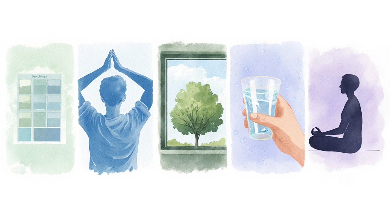 Watercolor panels illustrating five quick mental reset techniques.