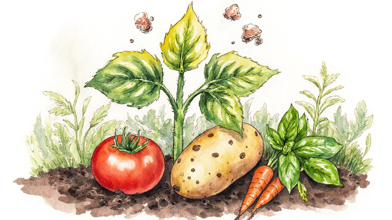 Watercolor scene of wilting tomato and potato plants beside healthy carrots and basil.