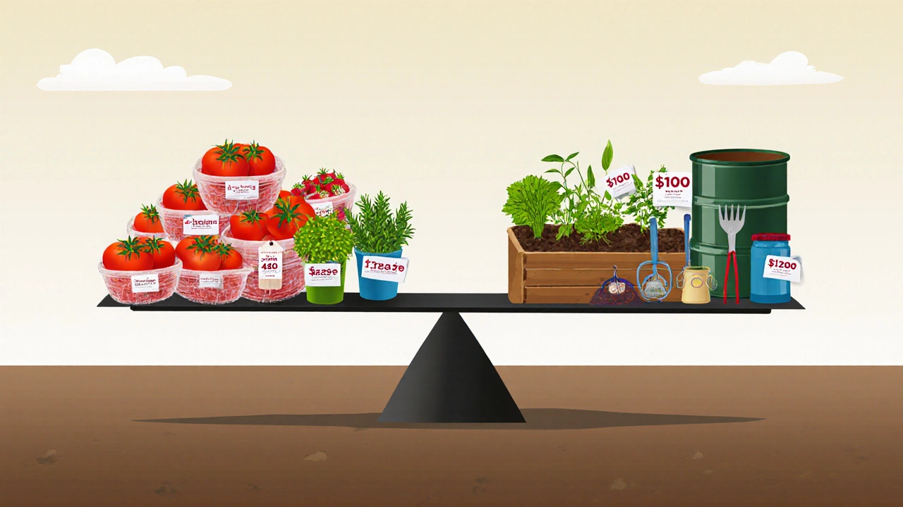 A balanced scale comparing the cost of store-bought vegetables to the investment of a small home garden.