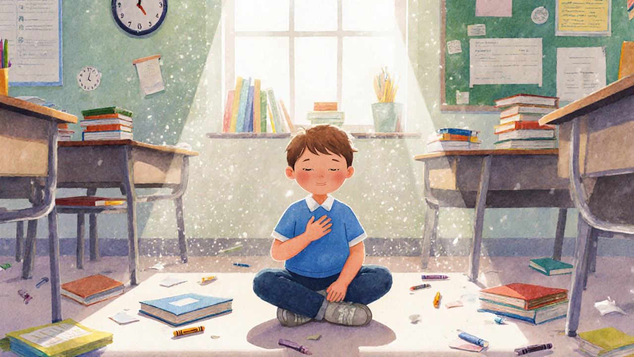 A child meditating peacefully in a busy classroom, surrounded by everyday school details.