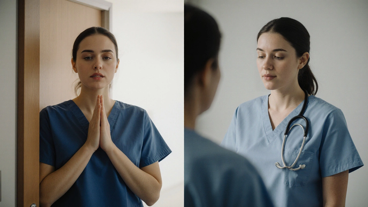 A nurse taking a calm breath before entering a patient room, radiating quiet presence.