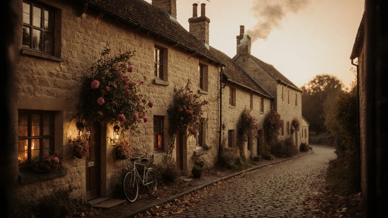 A quiet Cotswolds village at dusk, honey-colored cottages glow with warm light along a cobblestone lane.
